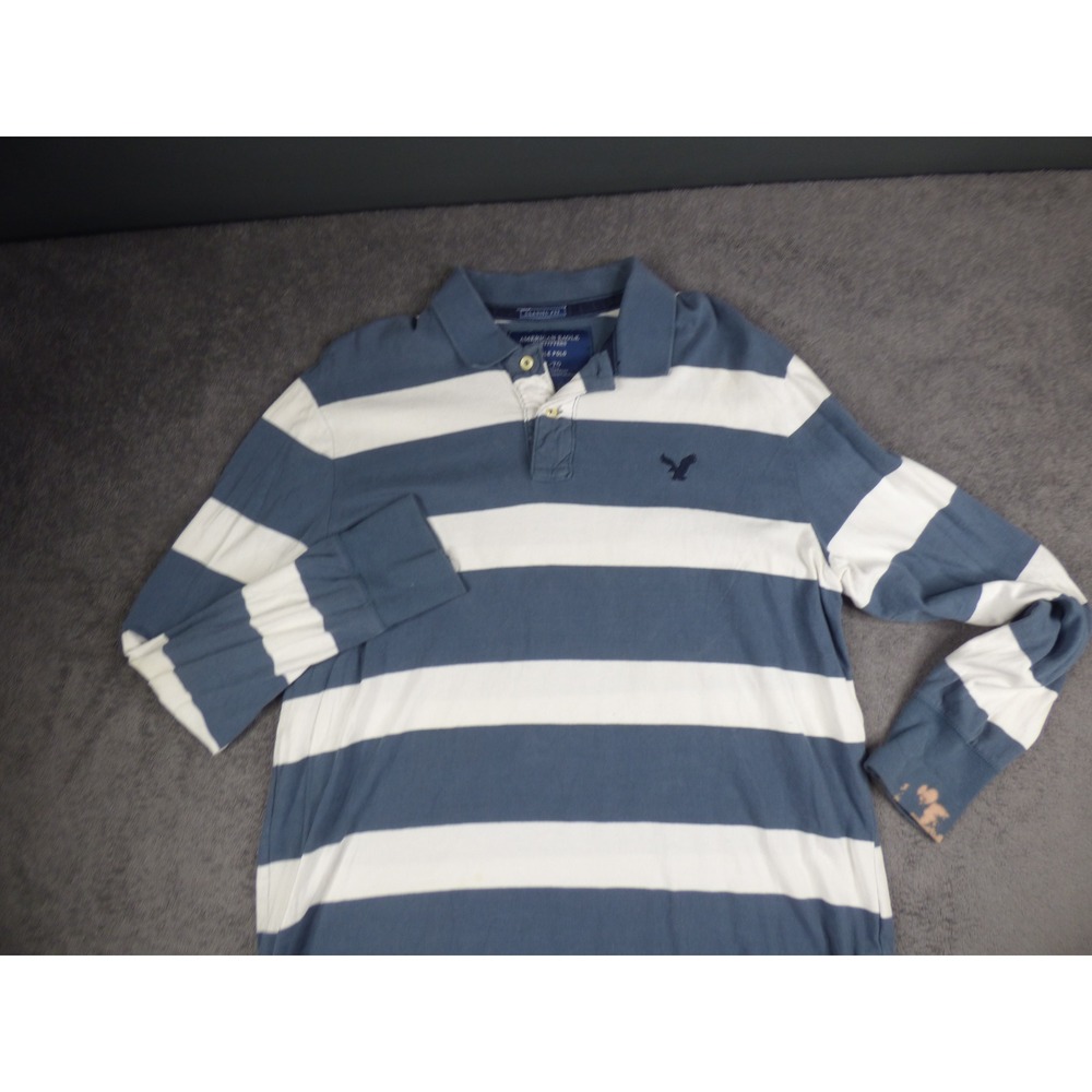 American Eagle Mens XL Blue White Striped Long Sleeve Rugby Polo Shirt